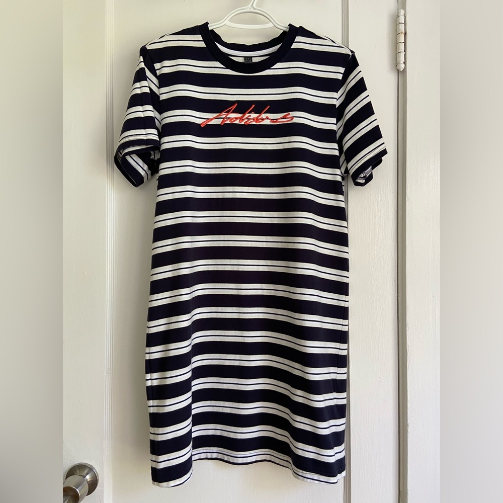 Adidas 100% Striped Cotton Dress - Navy